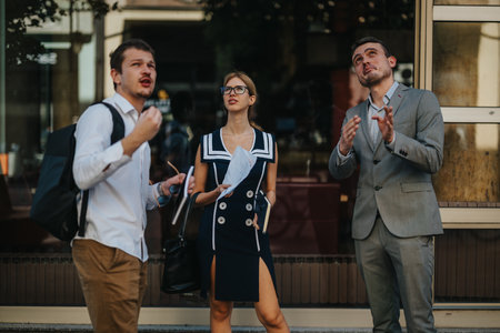 Business professionals meeting outdoors discussing sales growth and marketing strategies.の写真素材