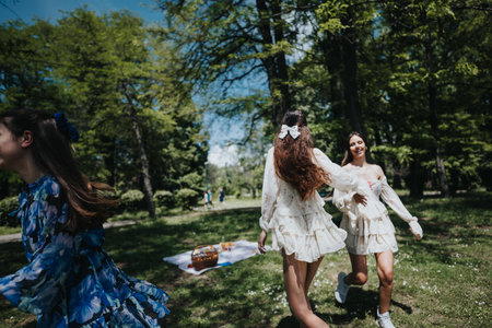 Carefree young women enjoying a sunny spring day in the park, feeling of freedom and joyの写真素材