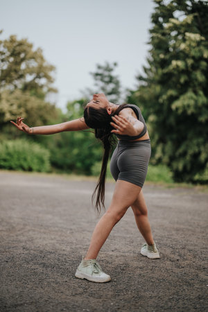 Young girl dancing expressively in a park, showcasing graceful movements and athletic energy in a serene outdoor setting, surrounded by lush greenery and fresh air.の写真素材