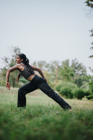 Woman practicing yoga in a peaceful outdoor setting amid natureの写真素材