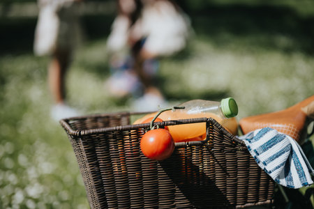 Close-up of a picnic basket with fresh food in a sunny park, families blurred in the backgroundの写真素材
