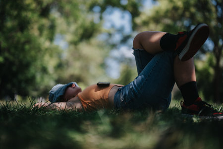 Person relaxing on grass in summer park, enjoying nature and peaceful momentの写真素材