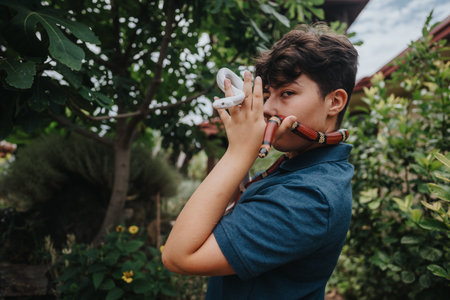 Young girl engaging with colorful snakes in a lush garden settingの写真素材