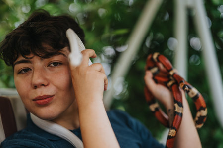 Confident girl handling snakes outdoors with a calm expression