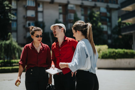 Young businesspeople meeting outdoors having a casual discussion and brainstorming ideas in a modern urban settingの写真素材