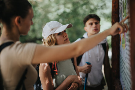 Group of friends looking at a map on a hiking trail during a sunny dayの写真素材