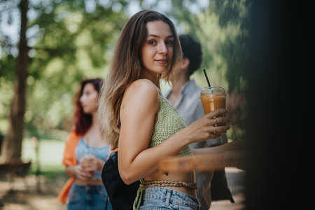 Friends buying drinks from a drink truck in the park on a sunny dayの写真素材