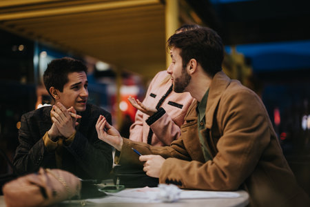 Focused business colleagues strategizing at a night meeting outdoorsの写真素材