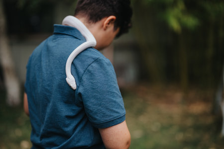 Young person interacting with a snake outdoors in natureの写真素材
