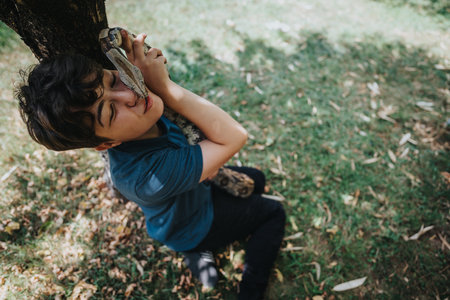 Young embracing a snake outdoors under a tree