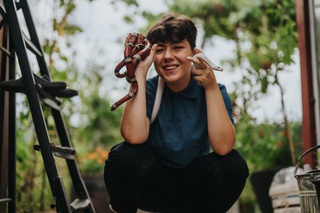 Young girl joyfully playing with snakes in a garden setting
