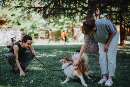 Joyful day in the park: two friends playing with their fluffy dog on a sunny afternoonの写真素材