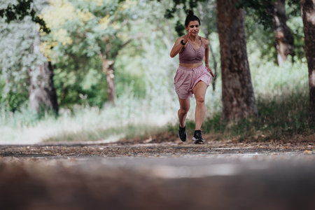 Woman running in a park, focused on fitness and determination in an outdoor settingの写真素材