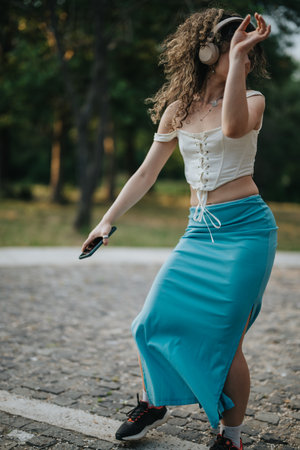 Young woman dancing joyfully in a green park, enjoying modern dance under the trees while listening to music through headphones in a natural setting, embracing freedom and movement.の写真素材