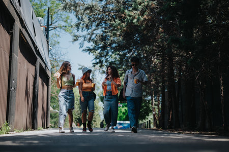 Young friends enjoying drinks and walking together in a shaded park on a sunny dayの写真素材