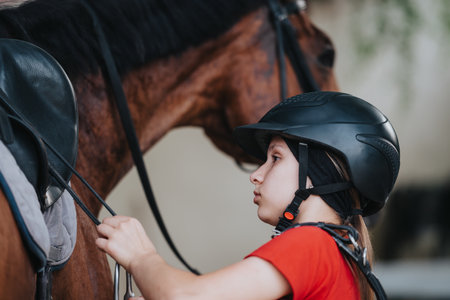 Young female equestrian preparing her horse for riding outdoors, focusing on saddlingの写真素材