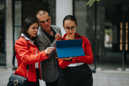 Young business entrepreneurs collaborating in outdoor meeting with tabletの写真素材