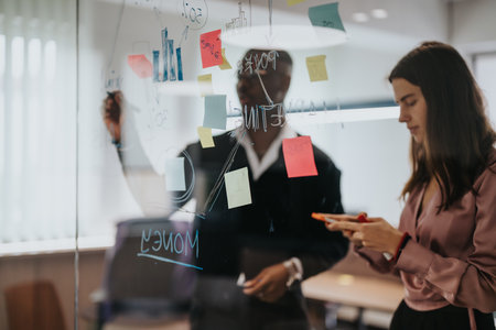 Multiracial team brainstorming with sticky notes on glass in a modern office