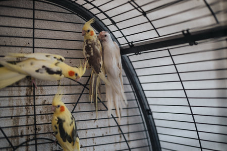 Group of colorful cockatiels perched inside a large birdcageの写真素材