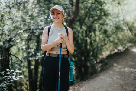 Smiling woman enjoying outdoor hike in forest with walking stickの写真素材