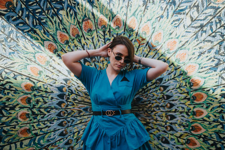 Stylish young woman posing in front of colorful peacock mural wearing blue dress and sunglasses