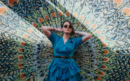 Confident woman in blue dress posing against vibrant peacock mural wall