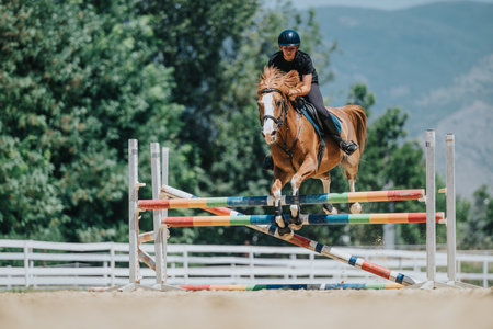 Equestrian rider jumping over hurdles on a horse in an outdoor arenaの写真素材