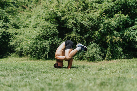 Fit and strong male sports person working out in a park on a sunny dayの写真素材