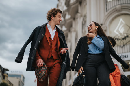 Business professionals walking and talking in the cityの写真素材