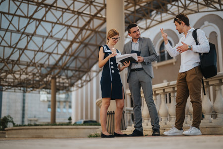 Young professionals in a lively outdoor business meeting discussing ideas and strategiesの写真素材