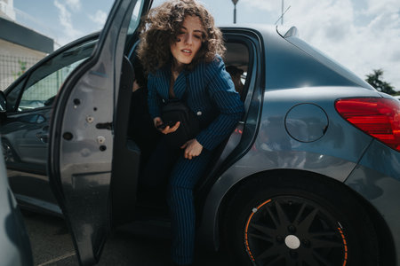 Businesswoman exiting car in urban setting with curly hair, dressed in blue pinstripe suitの写真素材