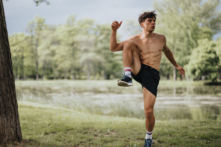 Young man practicing fitness exercises outdoors in a natural setting near a lakeの写真素材