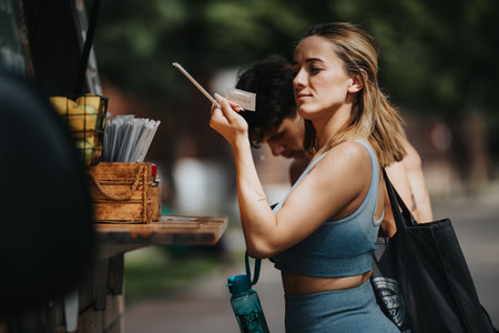 Sports couple ordering to refresh after a training session outdoorsの写真素材