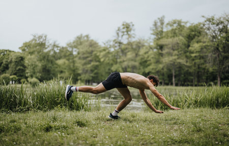 Man doing a handstand flip in the park, outdoor exercise and fitnessの写真素材