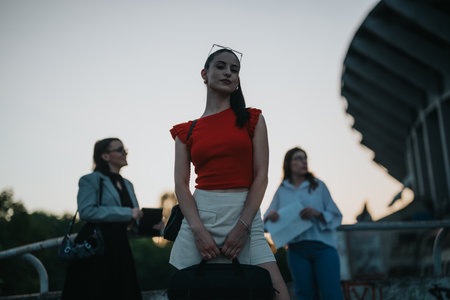 Confident women standing outdoors in a modern urban setting at sunsetの写真素材