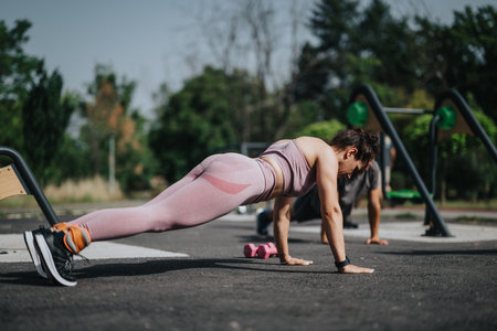Woman performing calisthenics workout in a sunny park, doing push-ups in outdoor fitness areaの写真素材