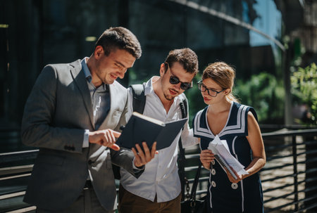 Business professionals meeting outdoors, discussing marketing strategies and analyzing growth reports in a team settingの写真素材