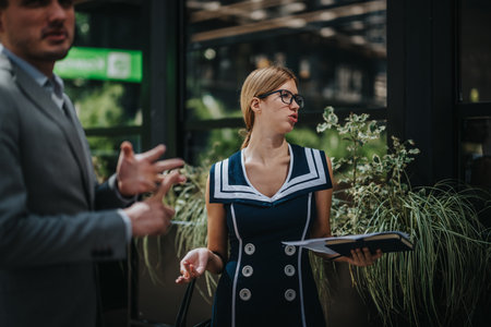 Businesspeople meeting outdoors discussing marketing strategies, analyzing reports for business growth in a casual setting with greenery.の写真素材