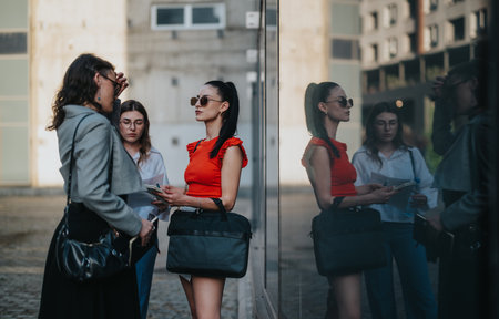 Group of businesswomen having a discussion outdoors with reflections in glass buildingの写真素材
