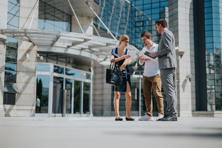 Business professionals collaborating outside a modern office building in an urban setting on a sunny day, engaging in open discussion and reviewing notes.の写真素材