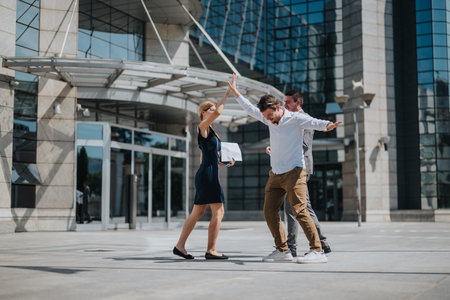 Group of young business professionals celebrating success with a high five outside a modern office building on a sunny dayの写真素材