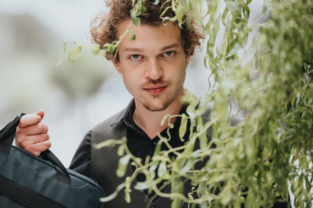 Confident young businessman holding a bag in a nature-inspired settingの写真素材