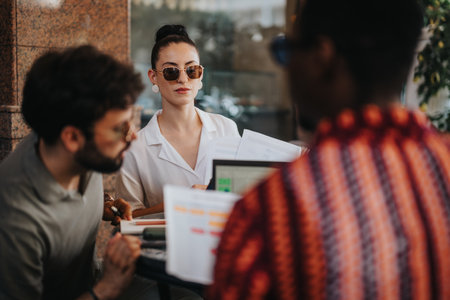Business partners discussing new project, planning and strategizing in modern coffee shopの写真素材