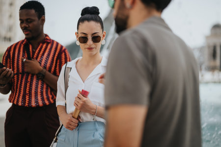 Business people having an outdoor meeting discussing work and collaborating in a city settingの写真素材