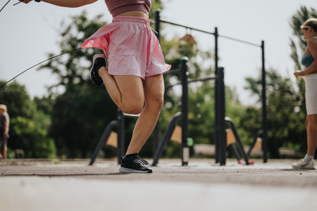Woman skipping rope in outdoor fitness park on a sunny day