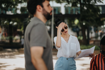 Stressed woman with documents in the park while a man walks nearby on a sunny day