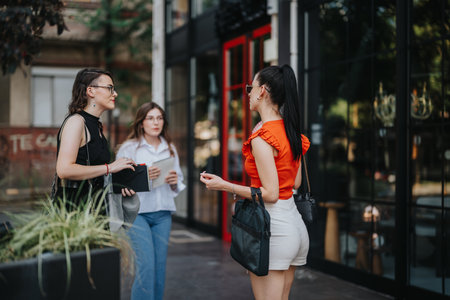 Businesswomen meeting outdoors and discussing work, casual daytime settingの写真素材
