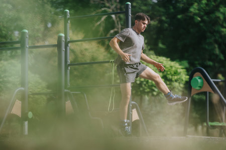 Man performing calisthenics at outdoor park, enjoying a workout session