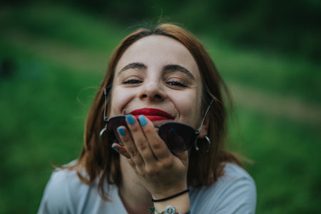 Happy young woman smiling widely holding sunglasses outdoorsの写真素材