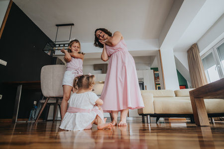 Mother playing with her daughters at homeの写真素材